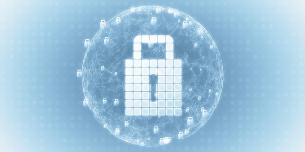 A digital padlock icon superimposed over a network of interconnected smart devices, representing data security and privacy in the IoT ecosystem.