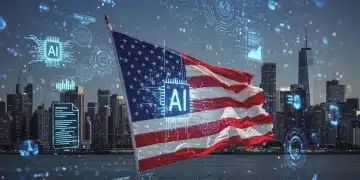 Futuristic skyline with AI data overlays and legal documents, symbolizing US AI regulation.