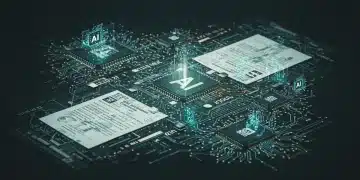 Digital illustration of legal documents and circuit boards symbolizing 2025 AI regulations and tech development in the US.