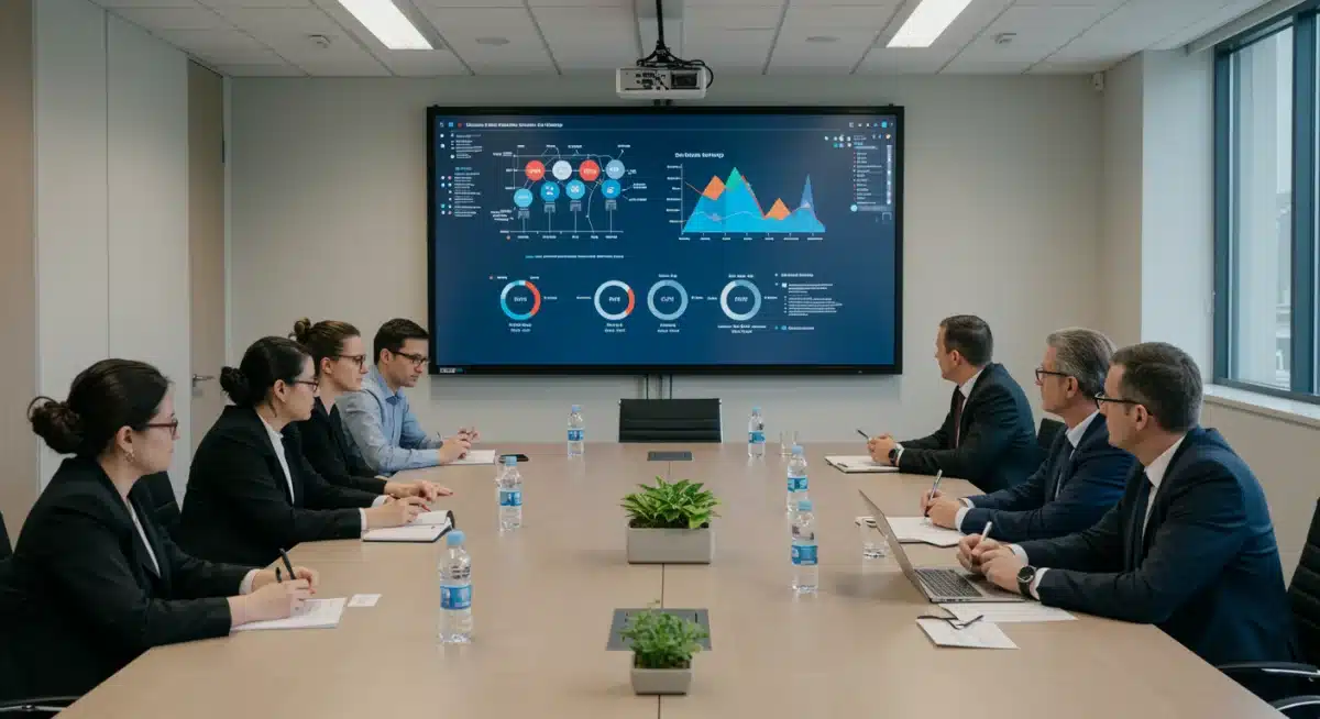 Professionals discussing AI ethics and policy in a modern conference room setting.