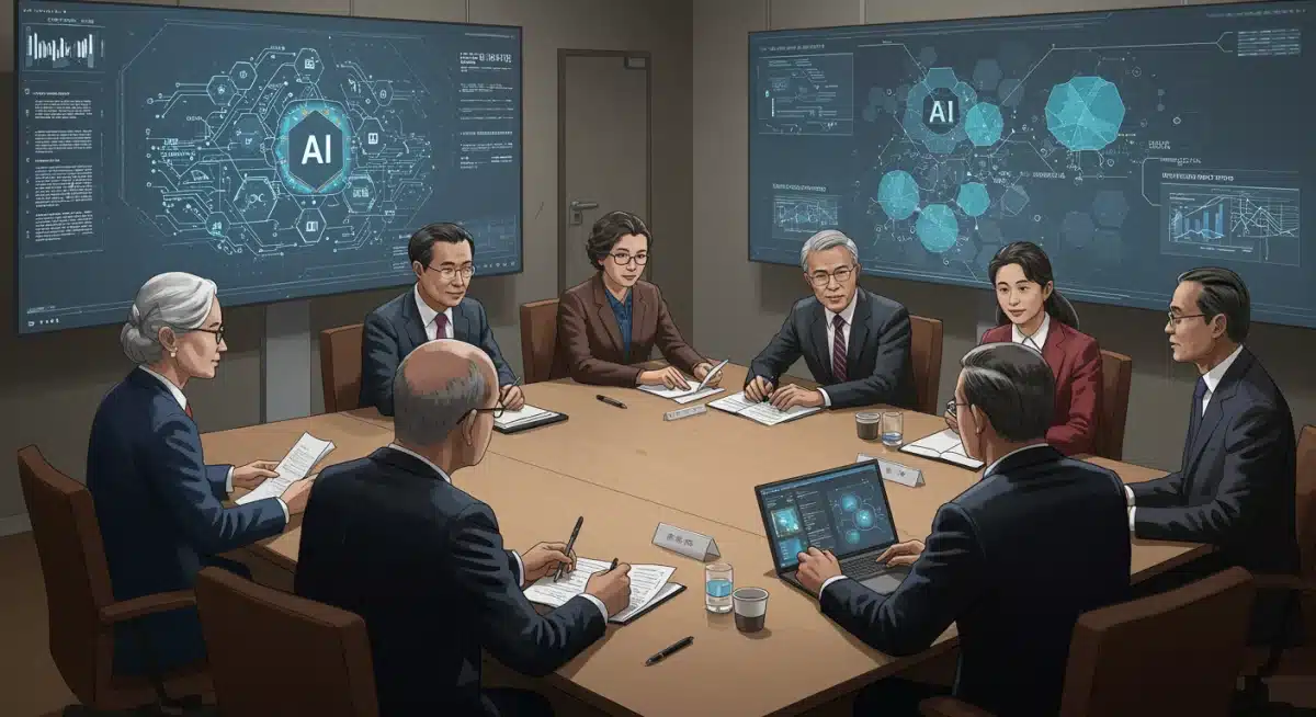Policymakers and tech leaders discussing AI regulation at a conference table.