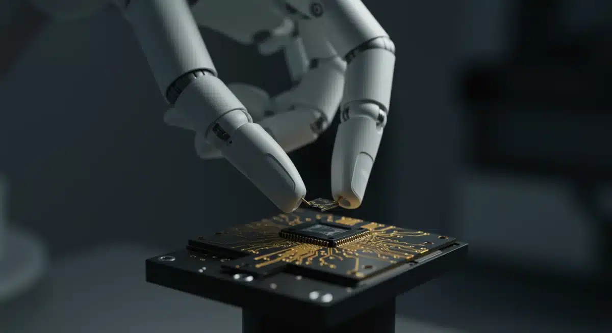 Robotic hand placing a miniature circuit component, symbolizing advanced tech development.
