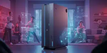 Futuristic gaming console and diverse gamers in a high-tech living room, representing the 2026 gaming revolution.