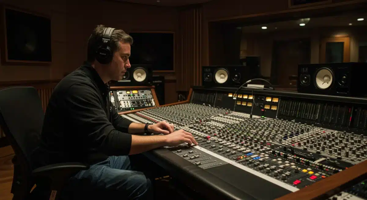 Renowned artist working in a high-tech recording studio on new album