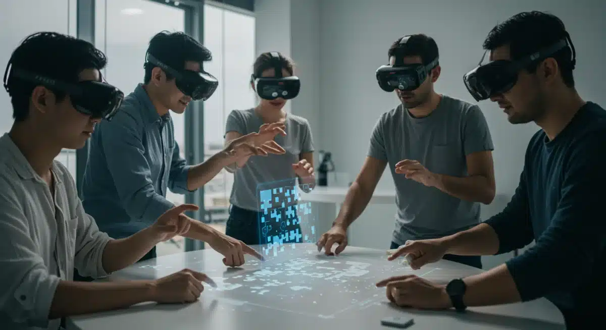 People collaborating on an augmented reality holographic puzzle in a modern setting.