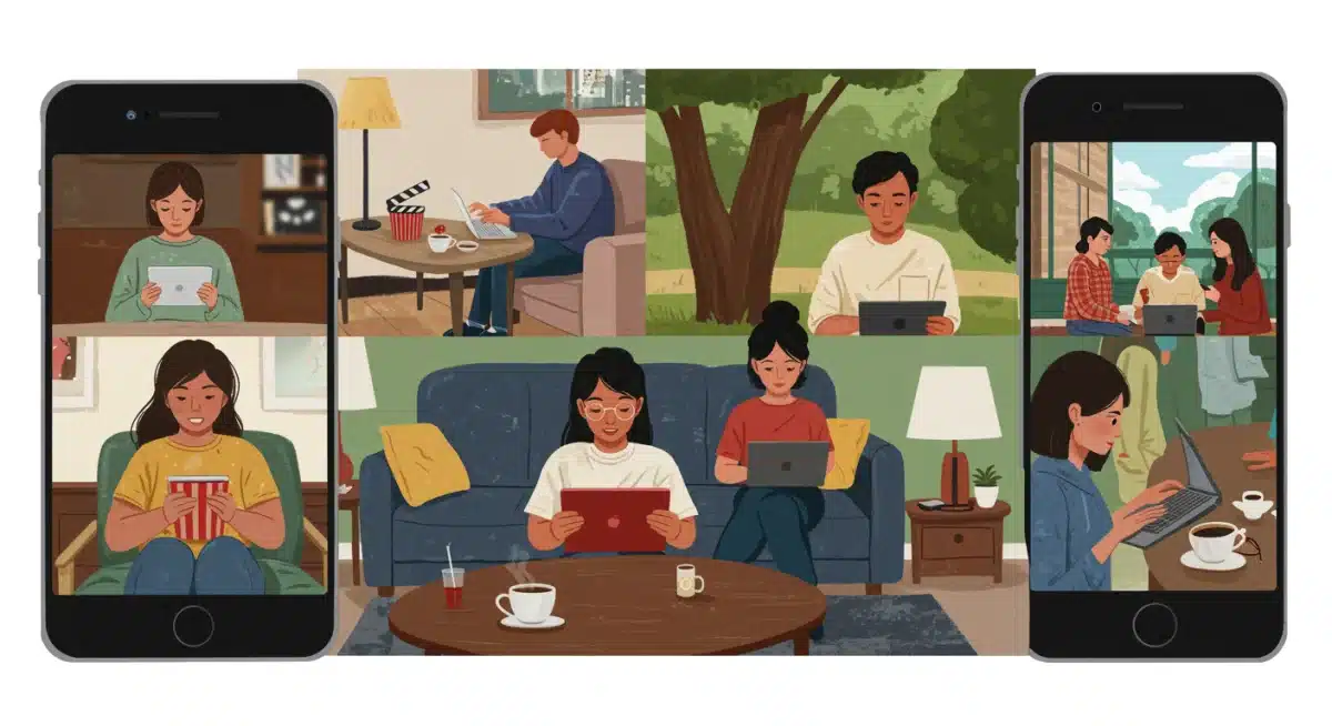 People consuming media on personal devices, highlighting shift in entertainment consumption