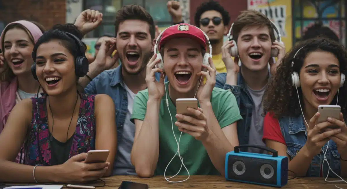Diverse fans enjoying new music releases on various devices in urban setting