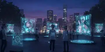 Futuristic cityscape with people enjoying interactive holographic and VR experiences in 2026.