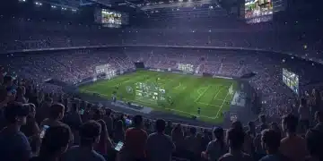 Futuristic stadium with fans engaging in augmented reality experiences