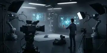 Futuristic film set with AI technology reshaping production.