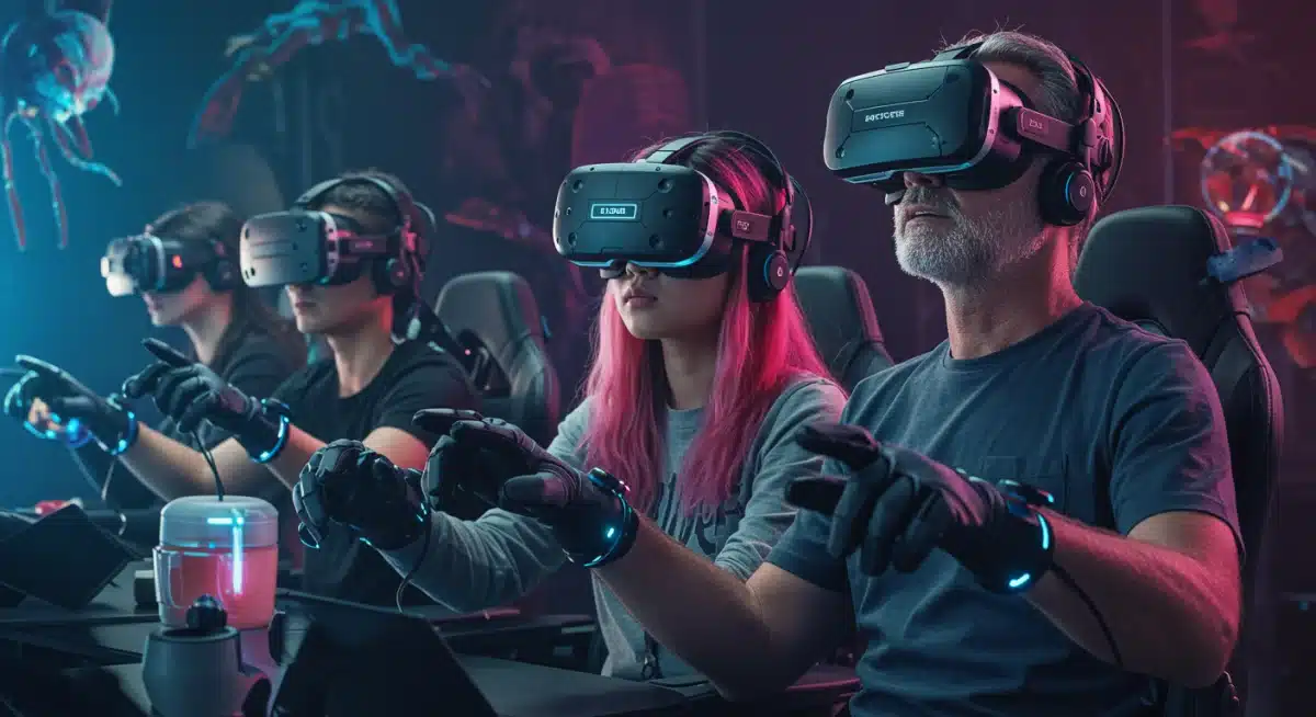 Gamers in virtual reality with advanced VR headsets and haptic gloves, illustrating immersive gaming.