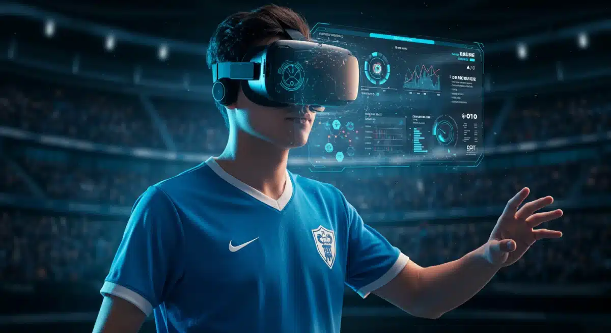 Fan immersed in virtual reality sports experience with data overlays